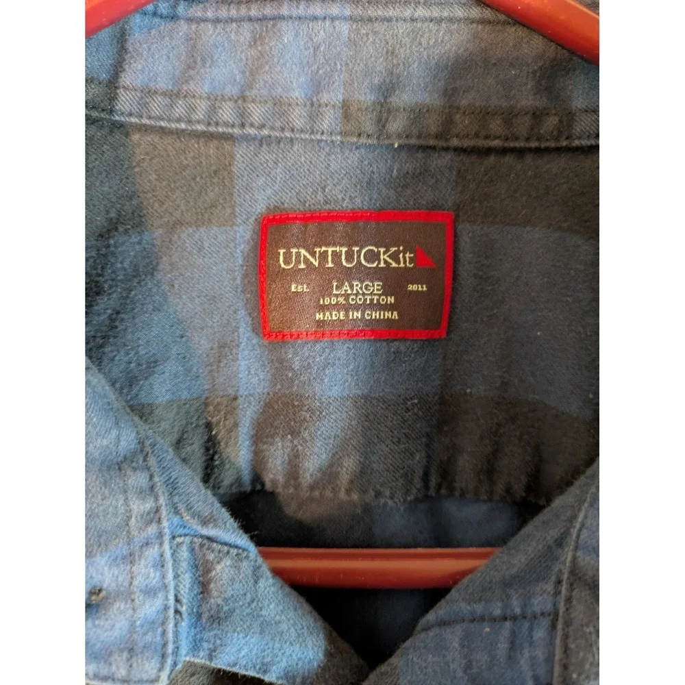Untuckit Shirt Men's 100% Cotton Flannel Plaid Button Front Size Large Blue‎